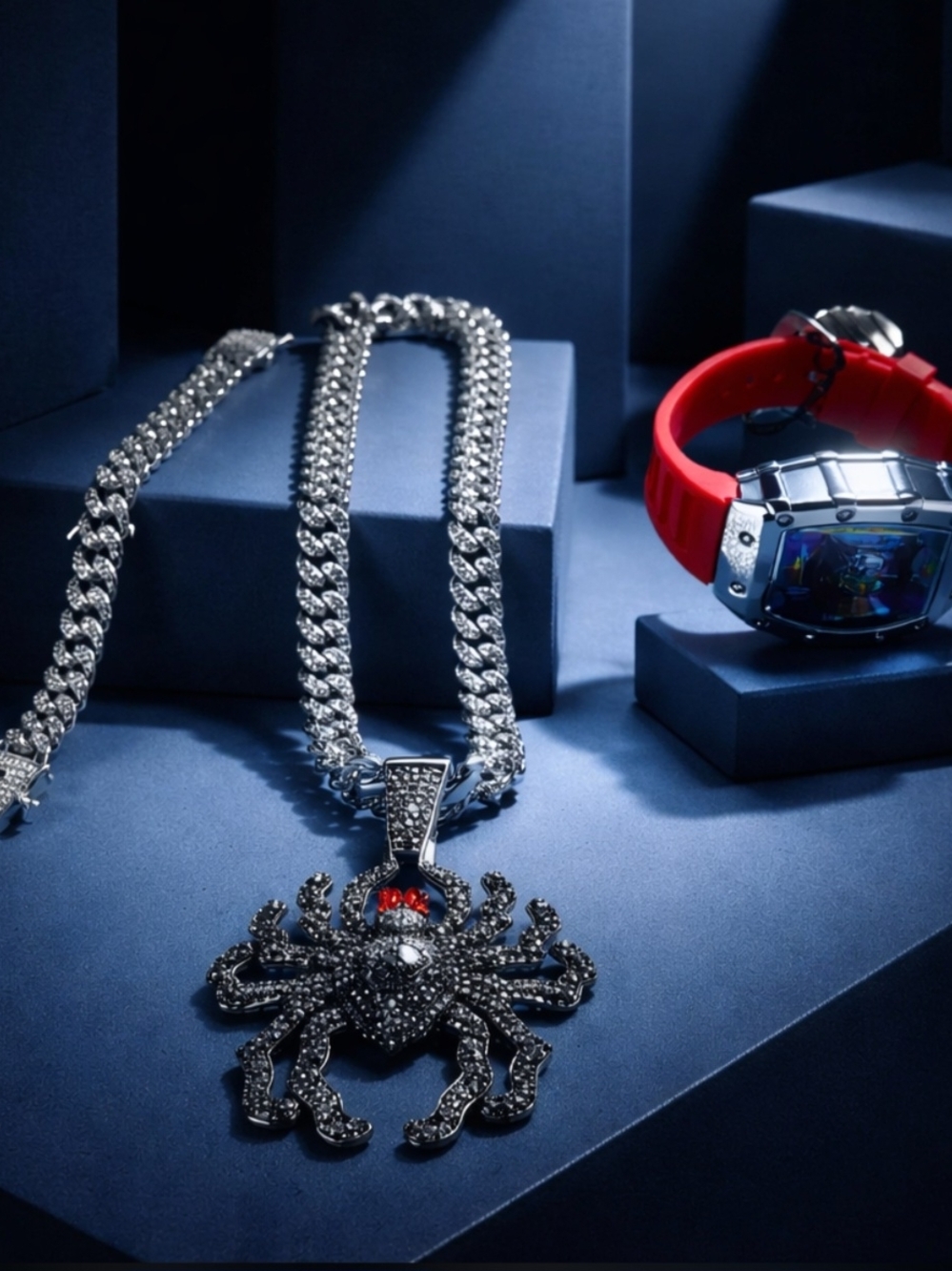 Cuban Link Spider Pendant Necklace& Bracelet, 42mm Watch and 7mm Earring